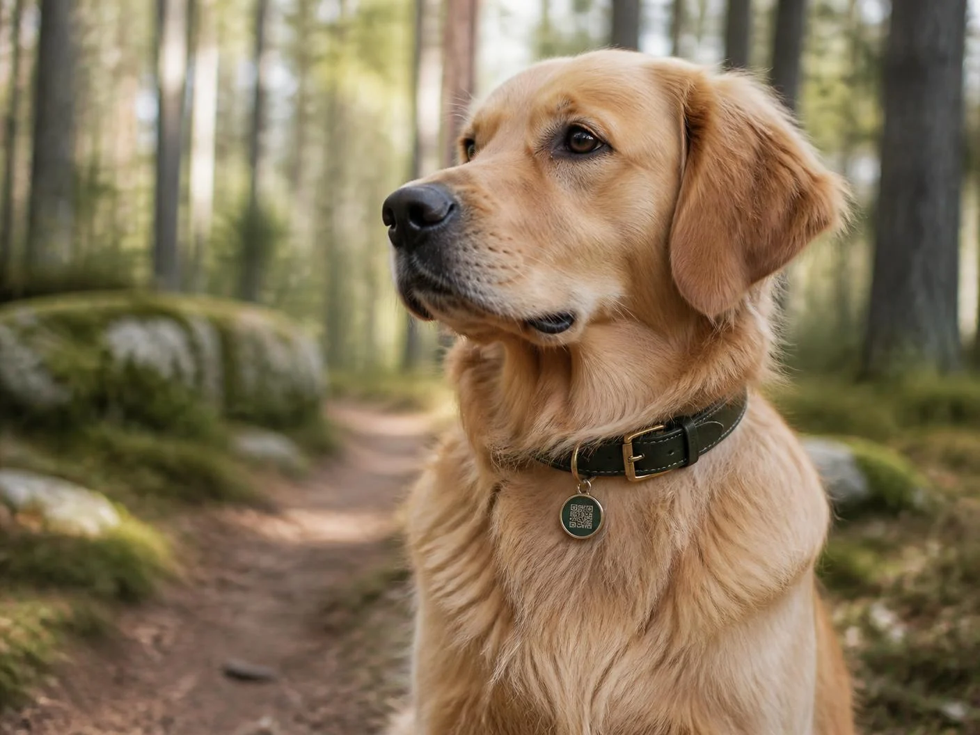 Hund på skogspromenad med HittaTass Smart ID-bricka på halsbandet
