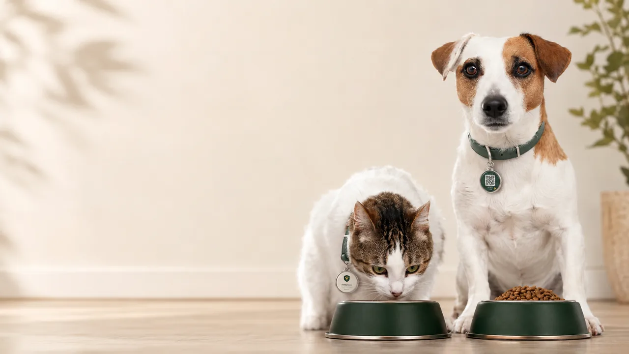 Hund och katt hemma vid matskålarna med HittaTass Smart ID-bricka på halsbandet